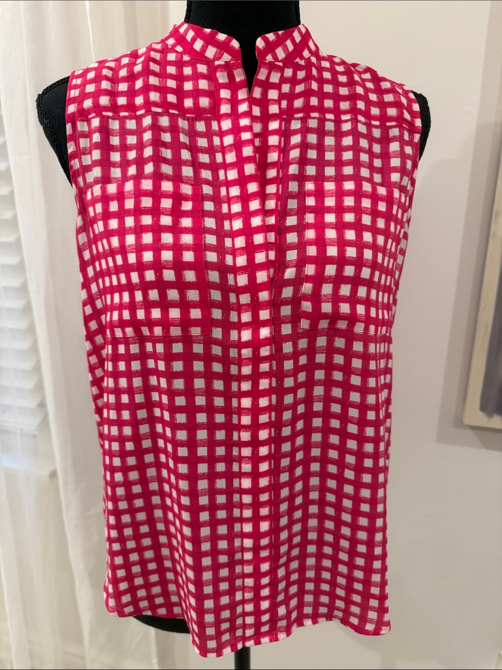 Ann Taylor Pink and White Checked Sleeveless Mandarin-Collar Camisole